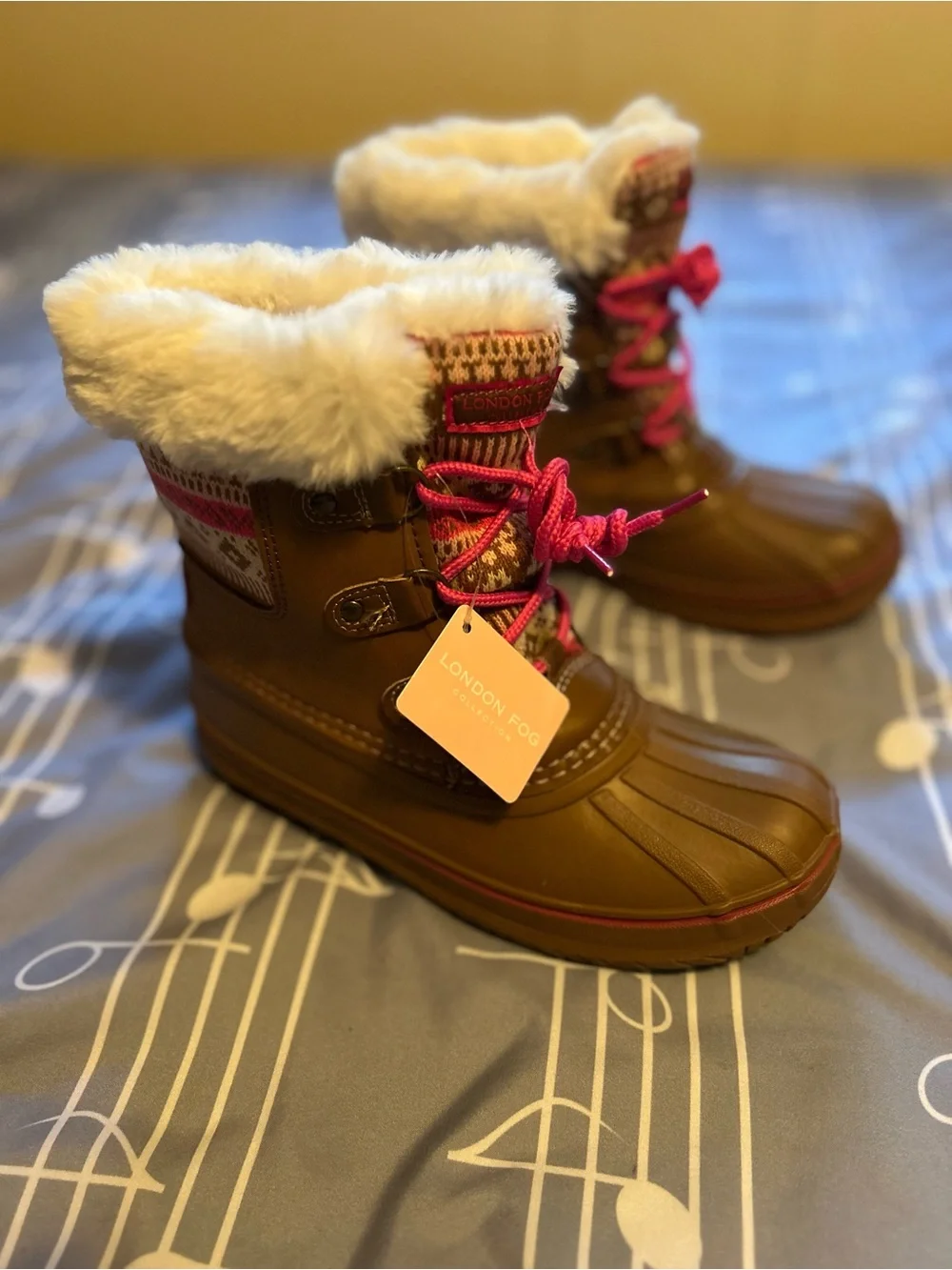 London Fog Brown Kids Waterproof Winter Boots with Pink Accents